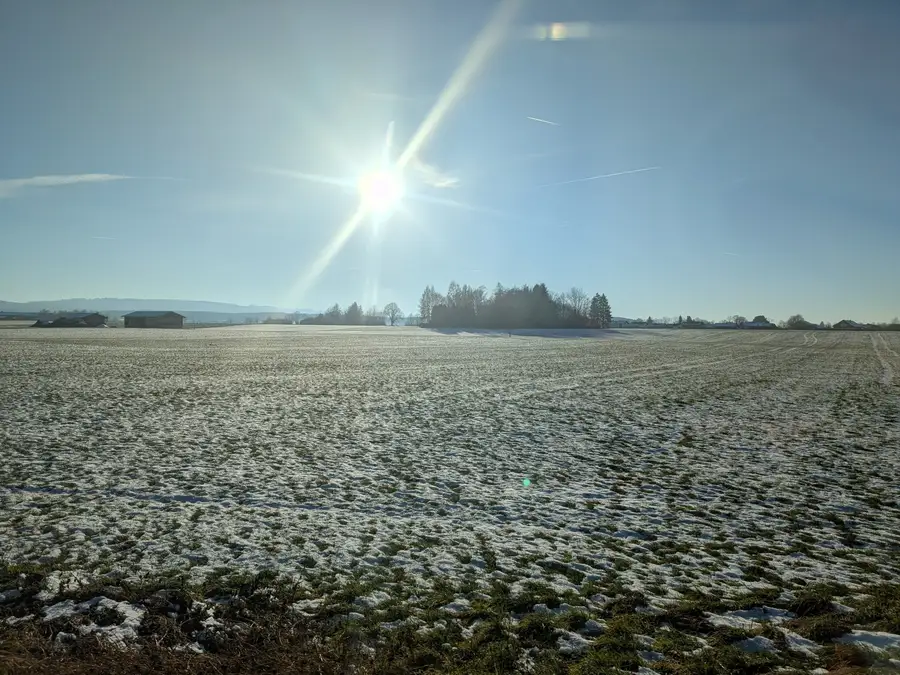 Verschneites Feld in der Wintersonne
